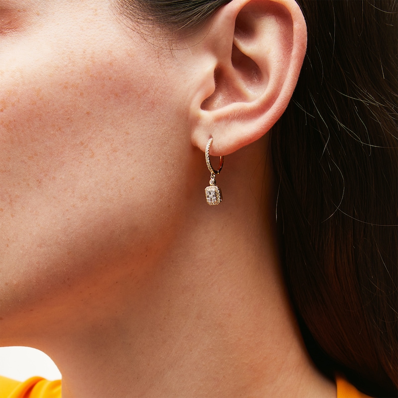 1/2 CT. T.W. Multi-Diamond Emerald-Shaped Drop Huggie Hoop Earrings in 10K Gold