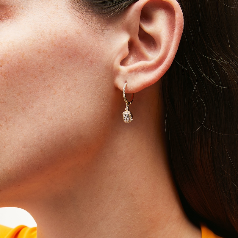 Main Image 2 of 1/2 CT. T.W. Emerald-Shaped Multi-Diamond Frame Drop Huggie Hoop Earrings in 10K Gold
