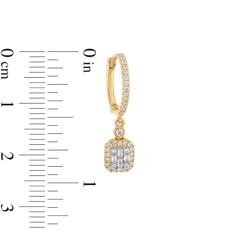 Main Image 3 of 1/2 CT. T.W. Emerald-Shaped Multi-Diamond Frame Drop Huggie Hoop Earrings in 10K Gold