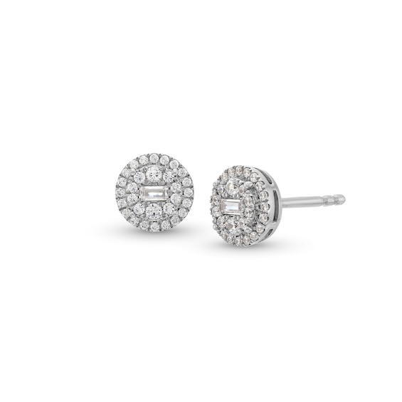 1/4 CT. T.w. Baguette and Round Multi-Diamond Frame Stud Earrings in 10K White Gold