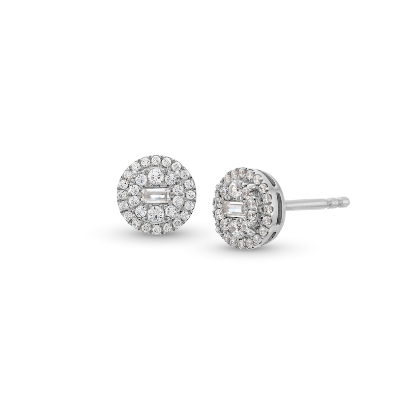 Main Image 1 of 1/4 CT. T.W. Baguette and Round Multi-Diamond Frame Stud Earrings in 10K White Gold