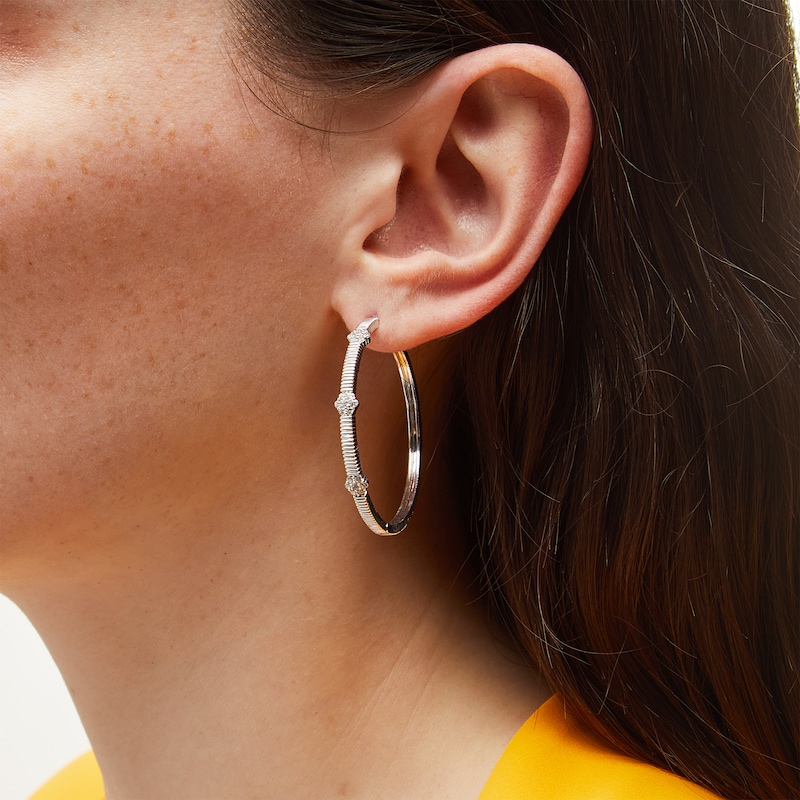 1/2 CT. T.W. Diamond Hexagon Station Hoop Earrings in 10K White Gold