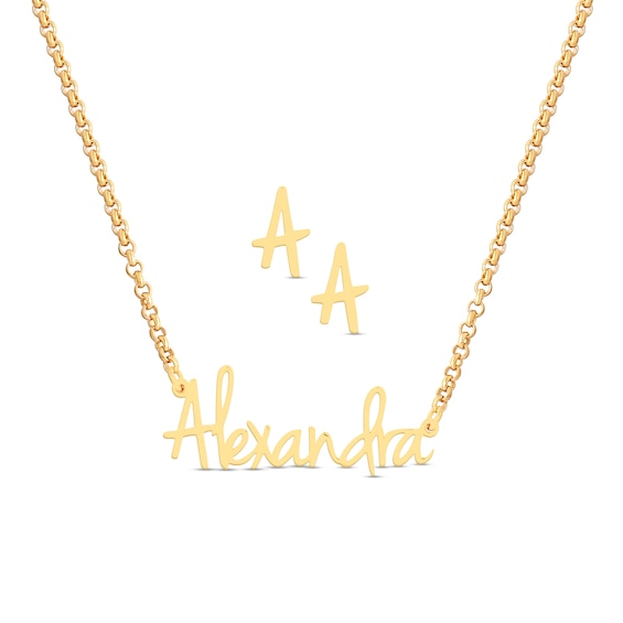 Petite Script Name Necklace and Initial Stud Earrings Set (1 Name and Initial)