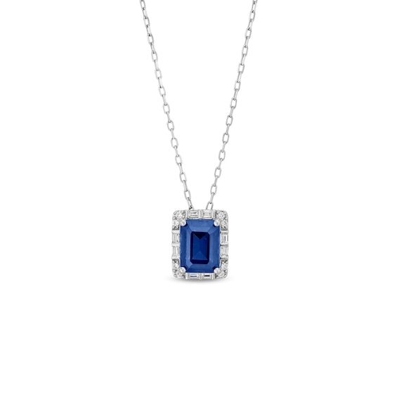 Emerald-Cut Blue and White Lab-Created Sapphire Frame Pendant in Sterling Silver