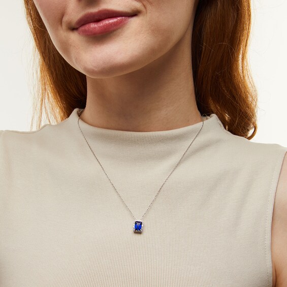 Emerald-Cut Blue and White Lab-Created Sapphire Frame Pendant in Sterling Silver