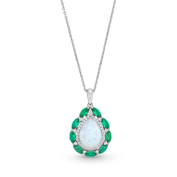 Pear-Shaped Lab-Created Opal, Lab-Created Emerald and White Lab-Created Sapphire Frame Pendant in Sterling Silver