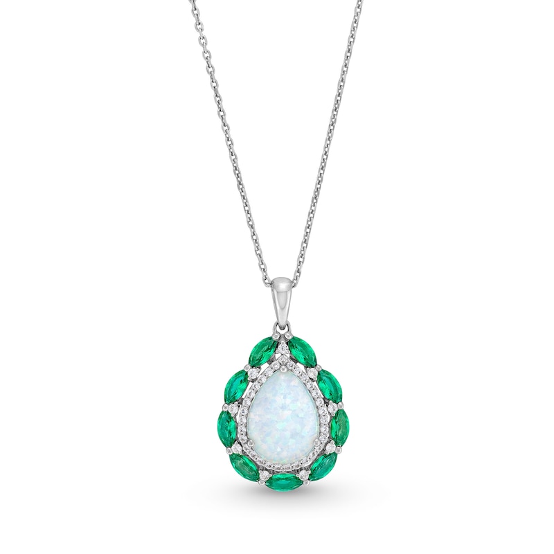 Main Image 1 of Pear-Shaped Lab-Created Opal, Lab-Created Emerald and White Lab-Created Sapphire Frame Pendant in Sterling Silver