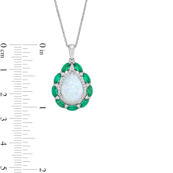 Pear-Shaped Lab-Created Opal, Lab-Created Emerald and White Lab-Created Sapphire Frame Pendant in Sterling Silver