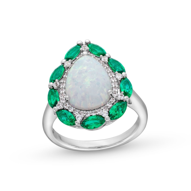 Main Image 1 of Pear-Shaped Lab-Created Opal, Lab-Created Emerald and White Lab-Created Sapphire Frame Ring in Sterling Silver
