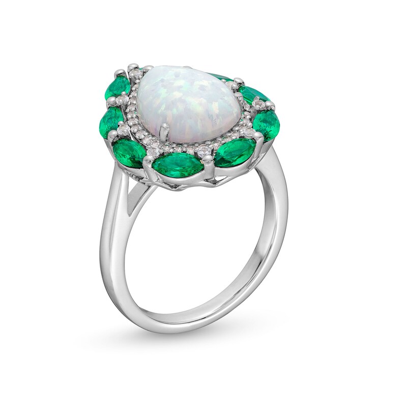 Main Image 2 of Pear-Shaped Lab-Created Opal, Lab-Created Emerald and White Lab-Created Sapphire Frame Ring in Sterling Silver