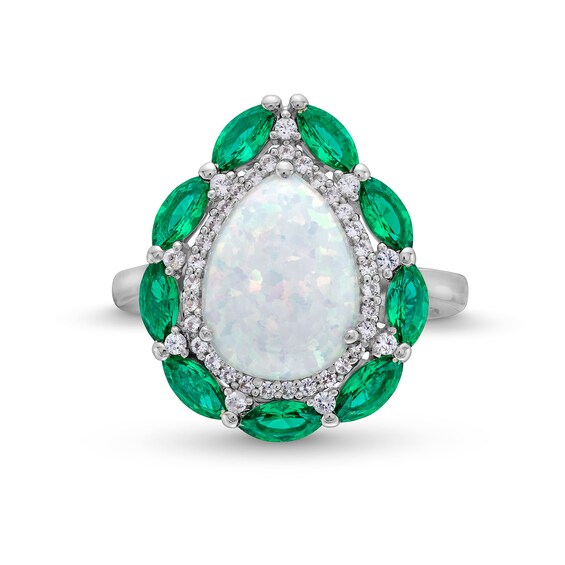 Pear-Shaped Lab-Created Opal, Lab-Created Emerald and White Lab-Created Sapphire Frame Ring in Sterling Silver