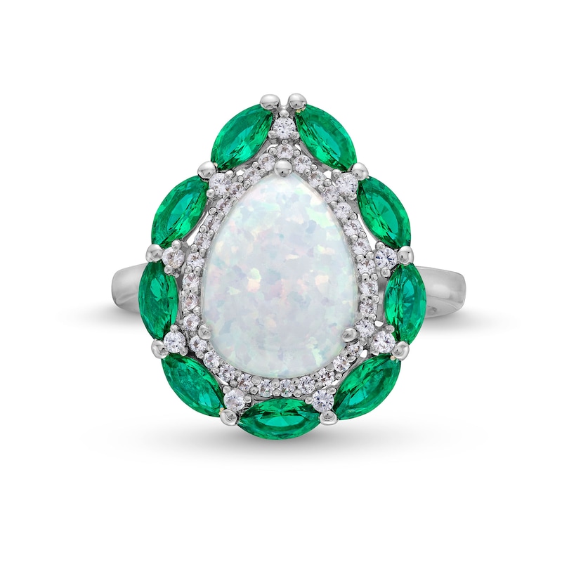 Main Image 3 of Pear-Shaped Lab-Created Opal, Lab-Created Emerald and White Lab-Created Sapphire Frame Ring in Sterling Silver