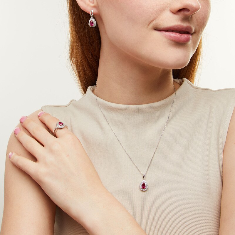 Main Image 2 of Pear-Shaped Lab-Created Ruby and White Lab-Created Sapphire Sunburst Pendant, Ring and Earrings Set in Sterling Silver