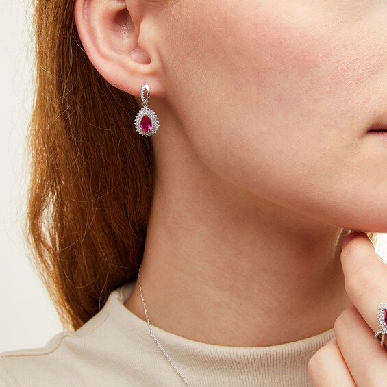 Pear-Shaped Lab-Created Ruby and White Lab-Created Sapphire Sunburst Pendant, Ring and Earrings Set in Sterling Silver