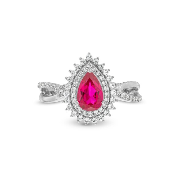 Pear-Shaped Lab-Created Ruby and White Lab-Created Sapphire Sunburst Pendant, Ring and Earrings Set in Sterling Silver