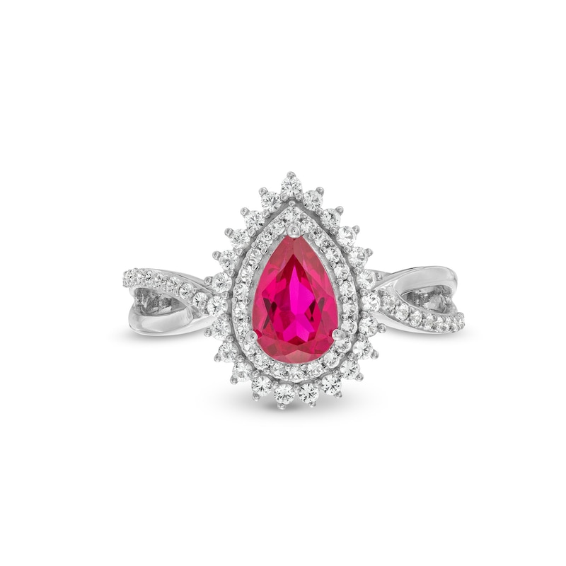 Main Image 4 of Pear-Shaped Lab-Created Ruby and White Lab-Created Sapphire Sunburst Pendant, Ring and Earrings Set in Sterling Silver