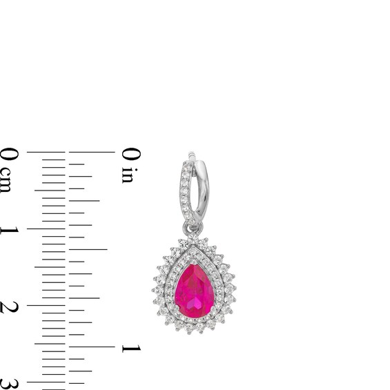 Pear-Shaped Lab-Created Ruby and White Lab-Created Sapphire Sunburst Pendant, Ring and Earrings Set in Sterling Silver