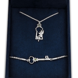 Enchanted Disney Tinker Bell Green Tourmaline and Diamond Lock Pendant and Key Bolo Bracelet Set in Sterling Silver
