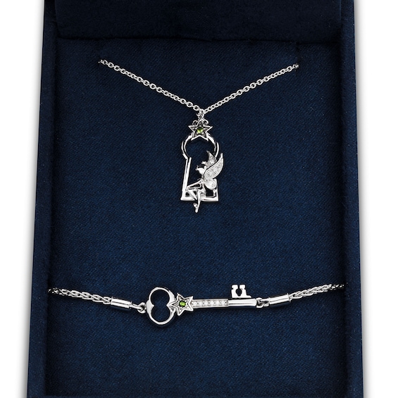Enchanted Disney Tinker Bell Green Tourmaline and Diamond Lock Pendant and Key Bolo Bracelet Set in Sterling Silver