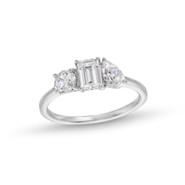 1-3/8 CT. T.W. Pear-Shaped, Emerald-Cut and Round Diamond Three Stone Engagement Ring in 14K White Gold