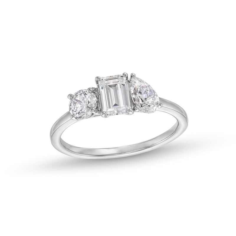 Main Image 1 of 1-3/8 CT. T.W. Pear-Shaped, Emerald-Cut and Round Diamond Three Stone Engagement Ring in 14K White Gold