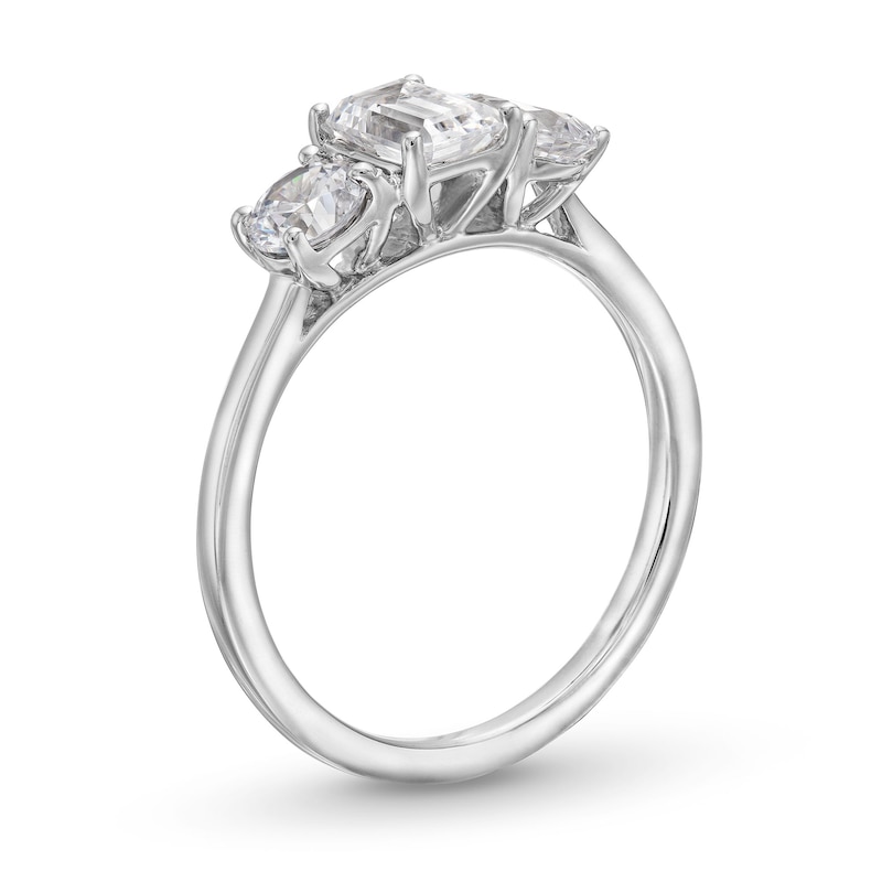 Main Image 3 of 1-3/8 CT. T.W. Pear-Shaped, Emerald-Cut and Round Diamond Three Stone Engagement Ring in 14K White Gold
