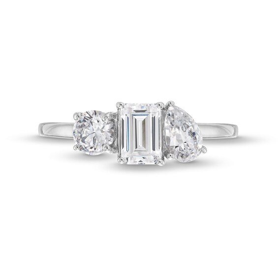 1-3/8 CT. T.w. Pear-Shaped, Emerald-Cut and Round Diamond Three Stone Engagement Ring in 14K White Gold