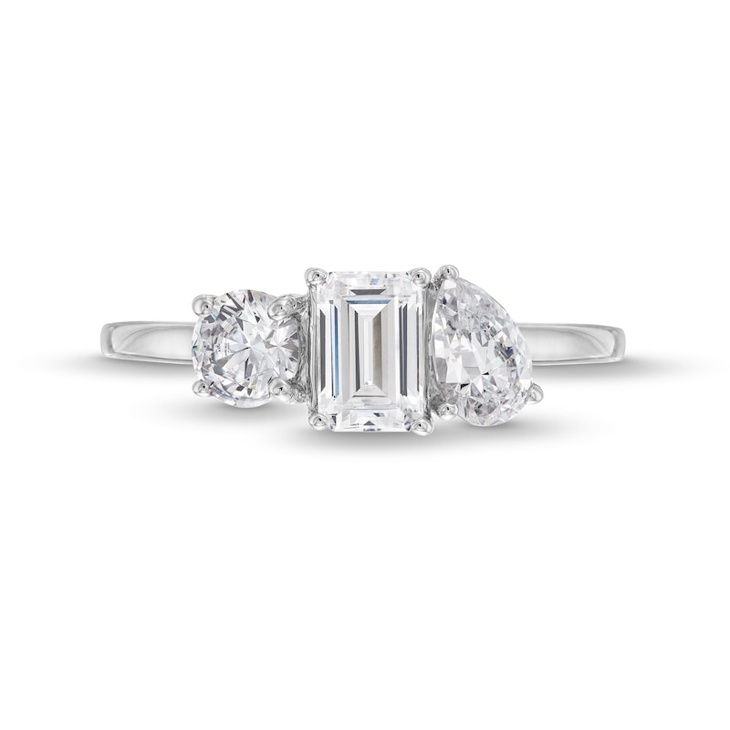Main Image 4 of 1-3/8 CT. T.W. Pear-Shaped, Emerald-Cut and Round Diamond Three Stone Engagement Ring in 14K White Gold