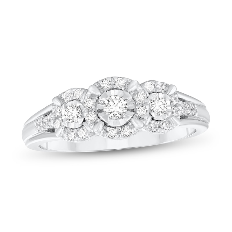 Main Image 1 of 1/4 CT. T.W. Diamond Frame Three Stone Split Shank Engagement Ring in 10K White Gold
