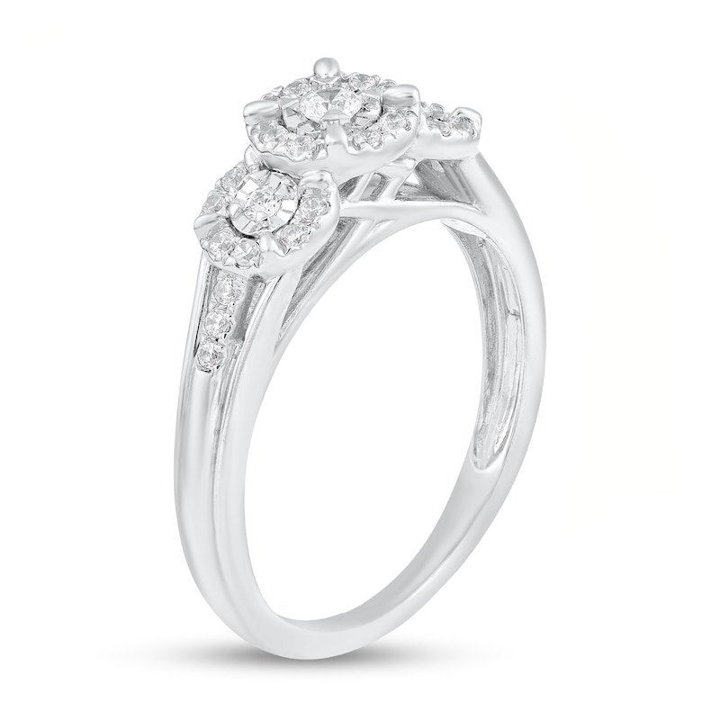 Main Image 2 of 1/4 CT. T.W. Diamond Frame Three Stone Split Shank Engagement Ring in 10K White Gold