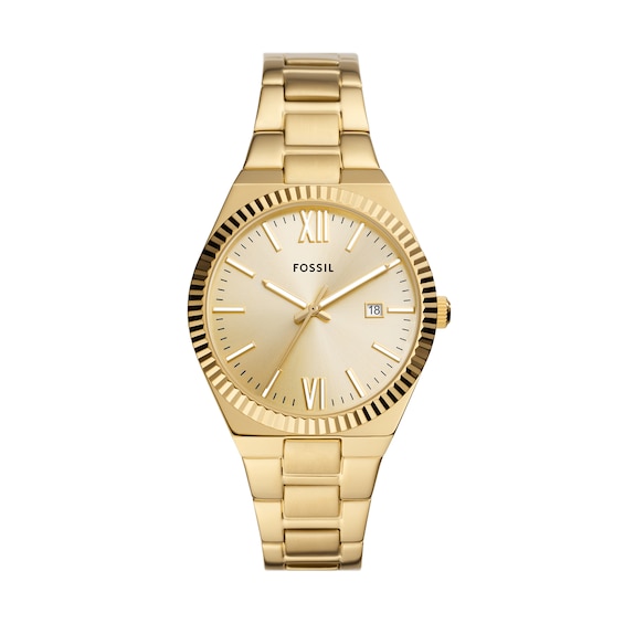 Ladiesâ Fossil Scarlette Gold-Tone IP Watch with Gold-Tone Dial and Coin-Edge Bezel (Model: Es5299)