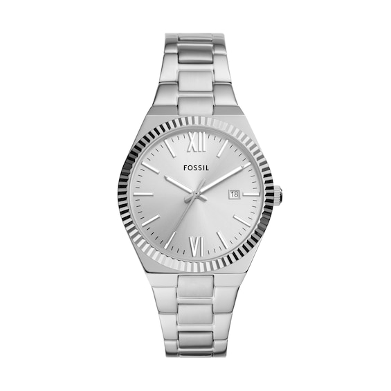 Ladiesâ Fossil Scarlette Watch with Silver-Tone Dial and Coin-Edge Bezel (Model: Es5300)