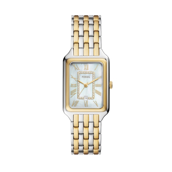 Ladiesâ Fossil Raquel Crystal Accent Two-Tone IP Watch with Rectangular Mother-of-Pearl Dial (Model: Es5305)
