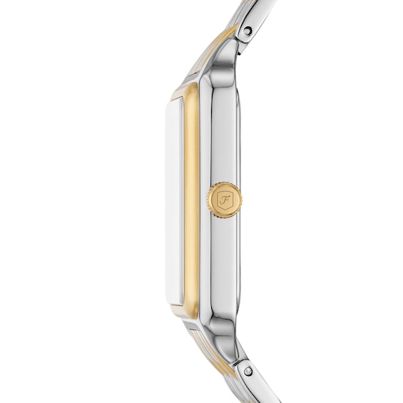 Ladiesâ Fossil Raquel Crystal Accent Two-Tone IP Watch with Rectangular Mother-of-Pearl Dial (Model: Es5305)