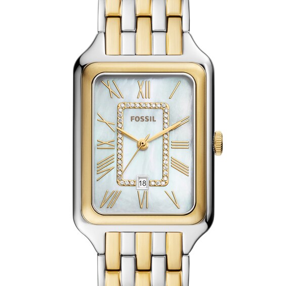 Ladiesâ Fossil Raquel Crystal Accent Two-Tone IP Watch with Rectangular Mother-of-Pearl Dial (Model: Es5305)