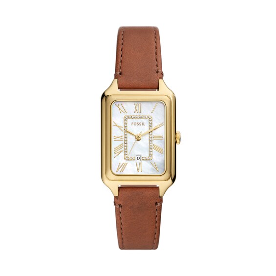 Ladiesâ Fossil Raquel Crystal Accent Gold-Tone IP Strap Watch with Rectangular Mother-of-Pearl Dial (Model: Es5307)