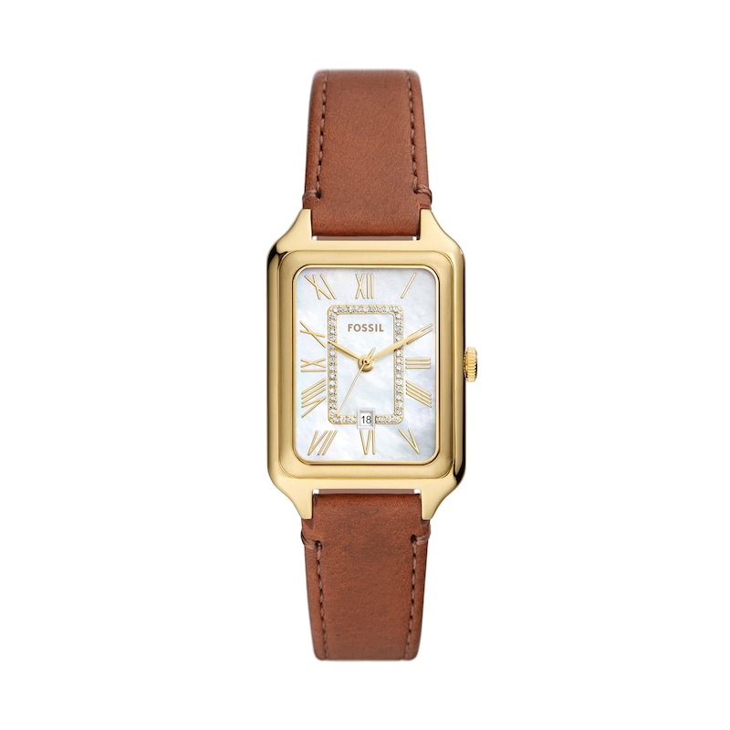 Main Image 1 of Ladies’ Fossil Raquel Crystal Accent Gold-Tone IP Strap Watch with Rectangular Mother-of-Pearl Dial (Model: ES5307)