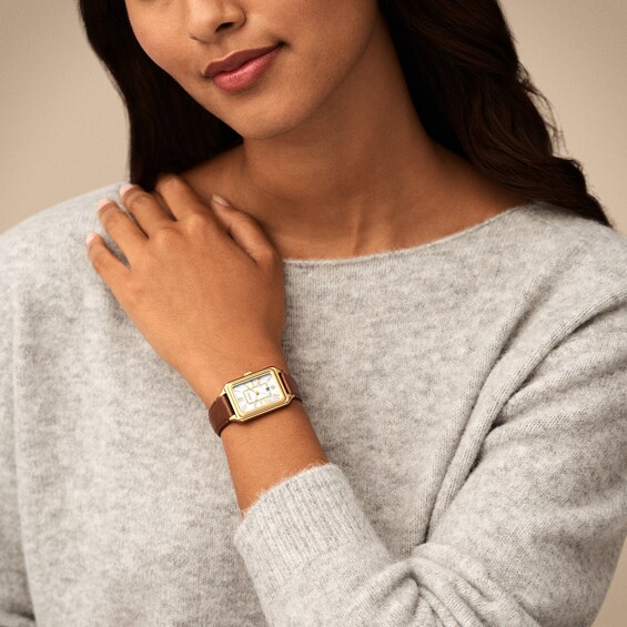 Ladiesâ Fossil Raquel Crystal Accent Gold-Tone IP Strap Watch with Rectangular Mother-of-Pearl Dial (Model: Es5307)