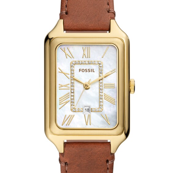 Ladiesâ Fossil Raquel Crystal Accent Gold-Tone IP Strap Watch with Rectangular Mother-of-Pearl Dial (Model: Es5307)