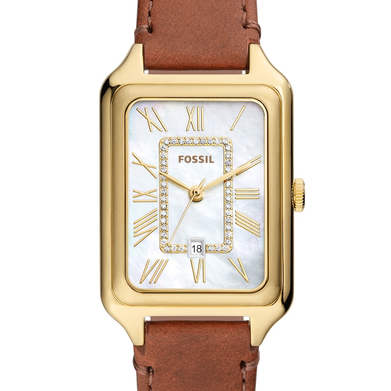 Main Image 5 of Ladies’ Fossil Raquel Crystal Accent Gold-Tone IP Strap Watch with Rectangular Mother-of-Pearl Dial (Model: ES5307)