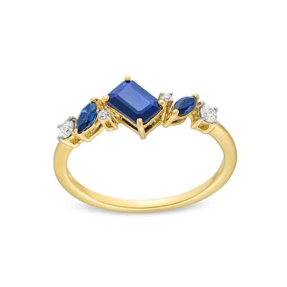 Emerald and Marquise-Cut Blue Sapphire with 1/10 CT. T.w. Diamond Tilted Ring in 10K Gold