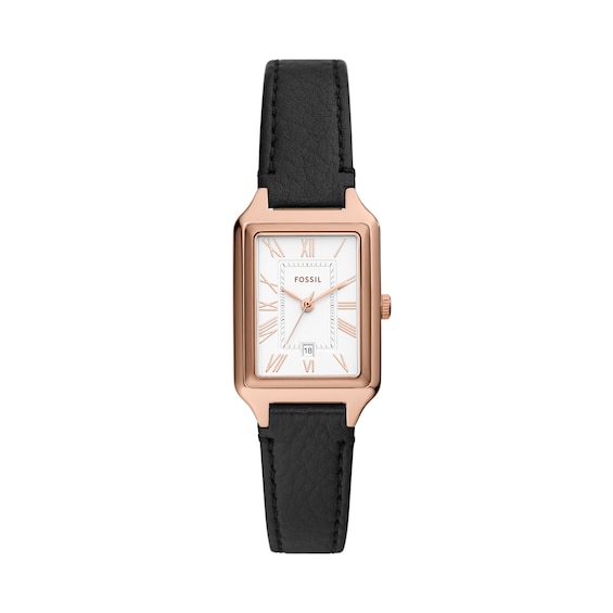 Ladiesâ Fossil Raquel Rose-Tone IP Black Leather Strap Watch with Rectangular White Dial (Model: Es5310)