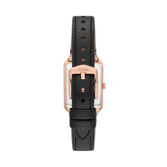 Ladiesâ Fossil Raquel Rose-Tone IP Black Leather Strap Watch with Rectangular White Dial (Model: Es5310)