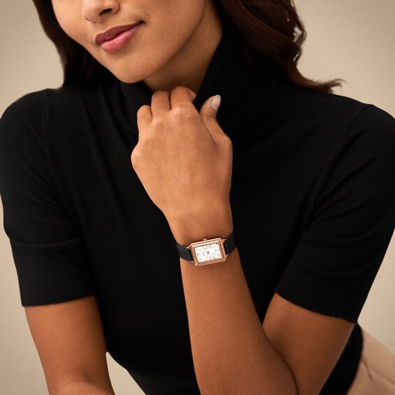 Ladiesâ Fossil Raquel Rose-Tone IP Black Leather Strap Watch with Rectangular White Dial (Model: Es5310)