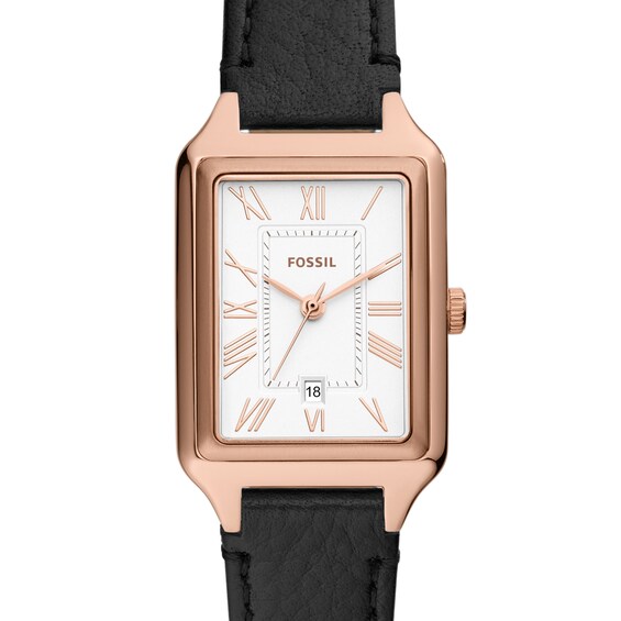 Ladiesâ Fossil Raquel Rose-Tone IP Black Leather Strap Watch with Rectangular White Dial (Model: Es5310)