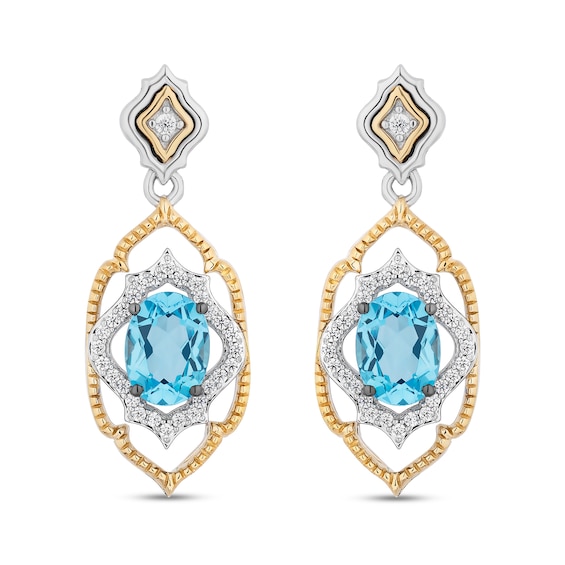 Enchanted Disney Jasmine Swiss Blue Topaz and 1/5 CT. T.w. Diamond Arabesque Frame Drop Earrings in Sterling Silver