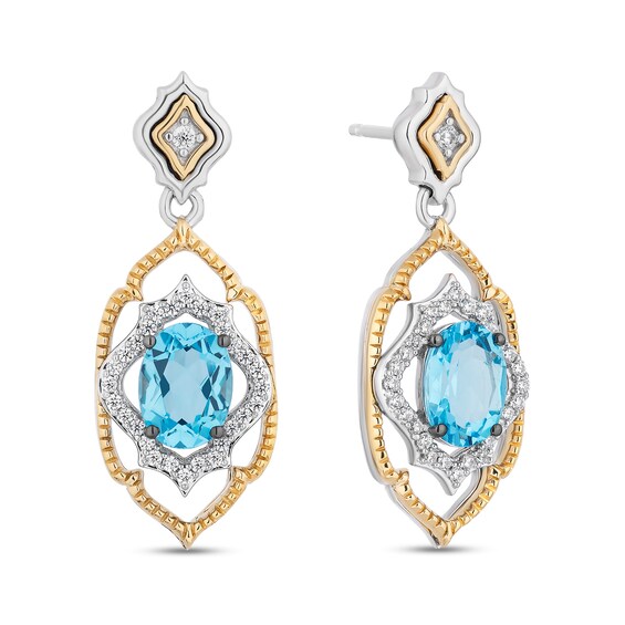 Enchanted Disney Jasmine Swiss Blue Topaz and 1/5 CT. T.w. Diamond Arabesque Frame Drop Earrings in Sterling Silver