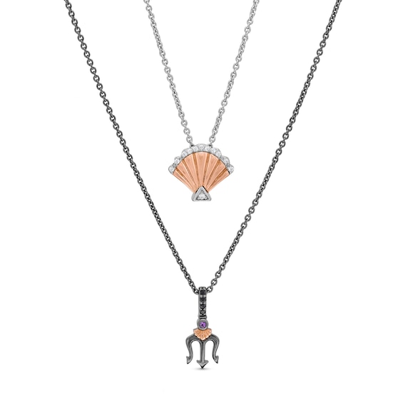 Enchanted Disney Amethyst and Diamond Seashell and Trident Two Piece Pendant Set in Sterling Silver and 10K Rose Gold