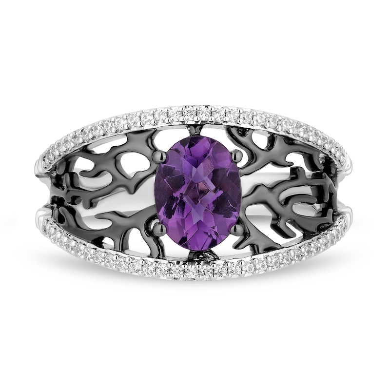 Enchanted Disney Villains Ursula Oval Amethyst and 1/5 CT. T.W. Diamond Coral Open Shank Ring in Sterling Silver