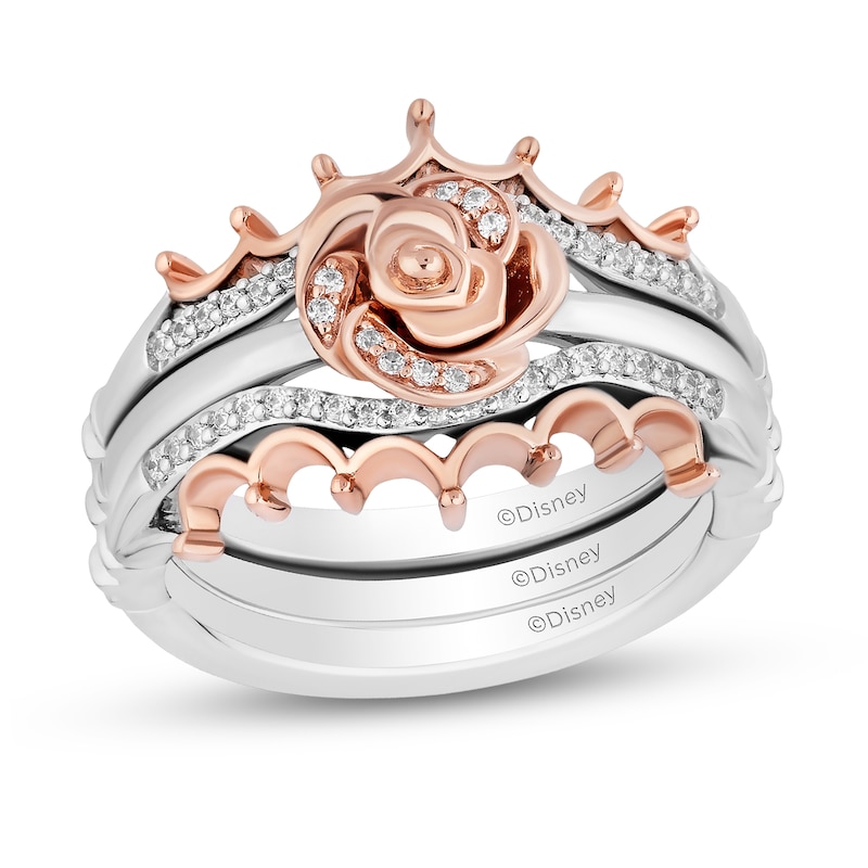 Enchanted Disney Belle 1/5 CT. T.W. Diamond Rose and Crown Three Piece Ring Set in Sterling Silver and 10K Rose Gold